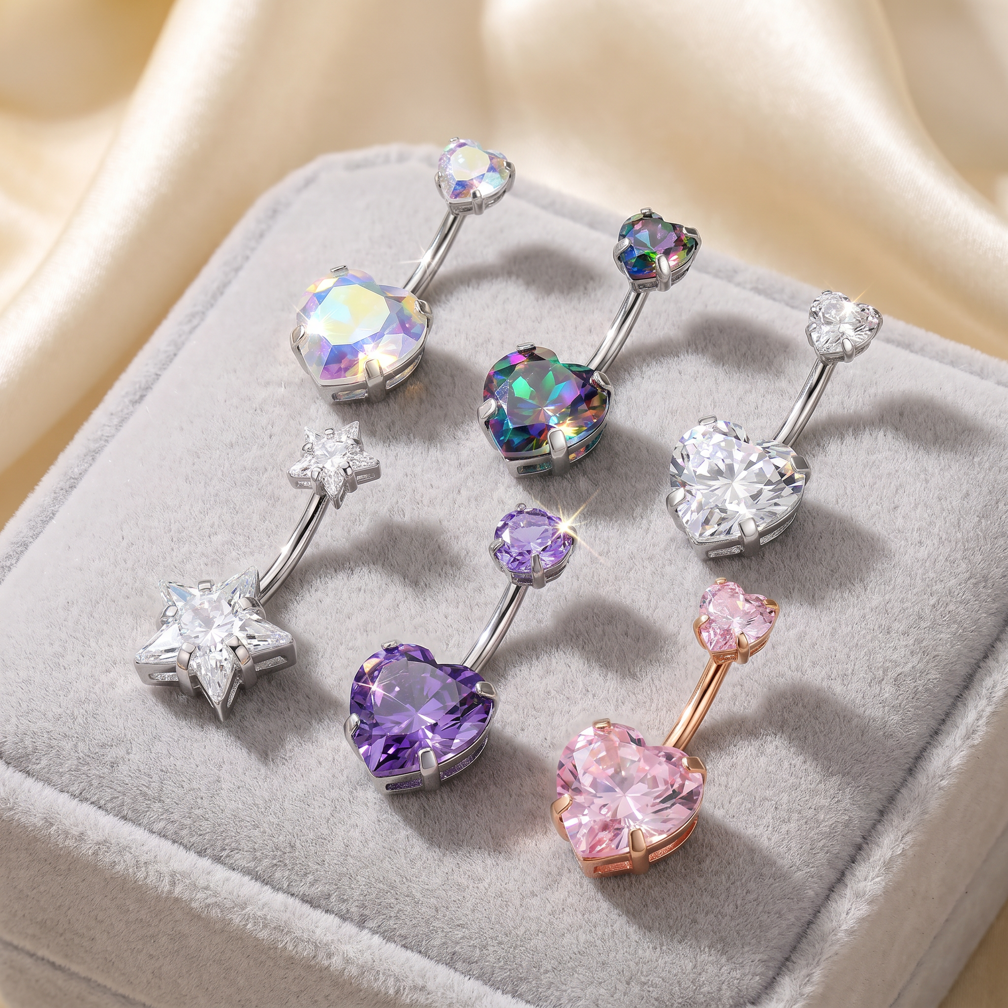 Cherry Diva Belly Bar Multi Pack Of 6 Rainbow Crystal Belly Button Bars