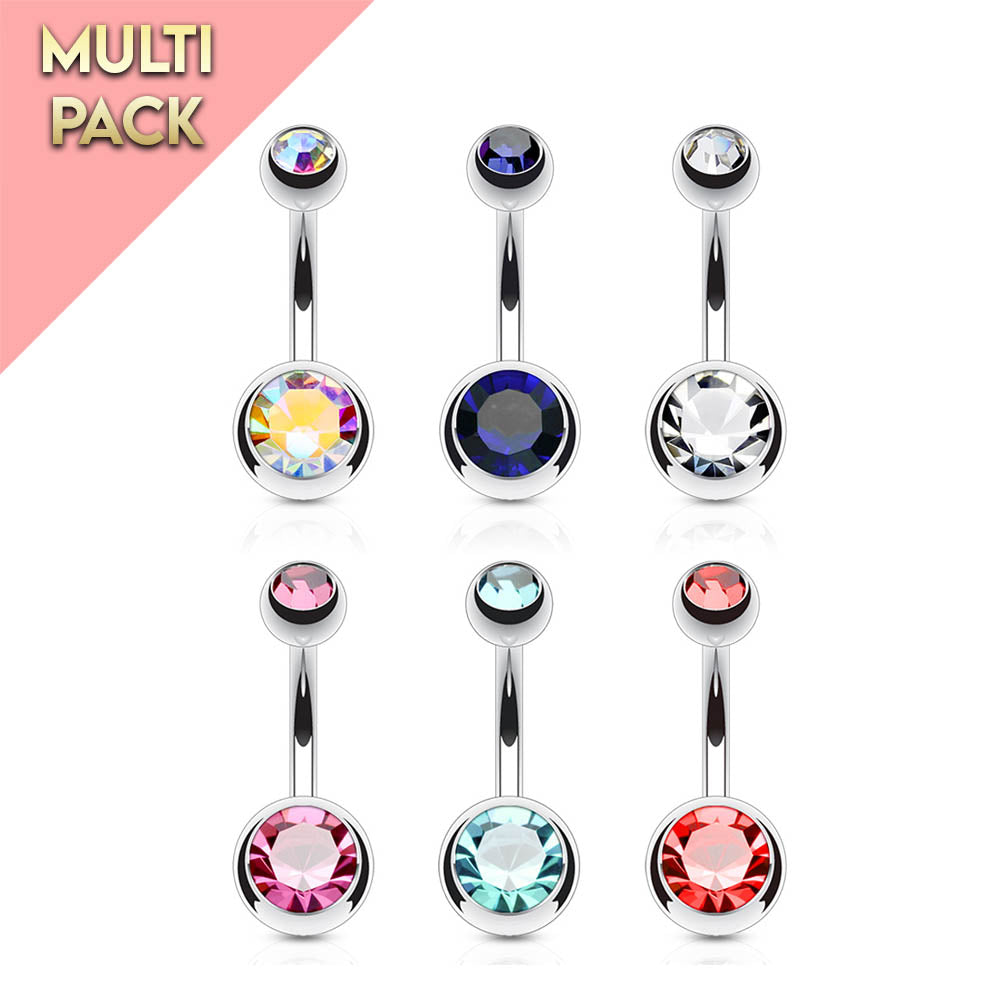 Cherry Diva belly bar Multi Pack Of 6 Silver Double Crystal Belly Button Bars