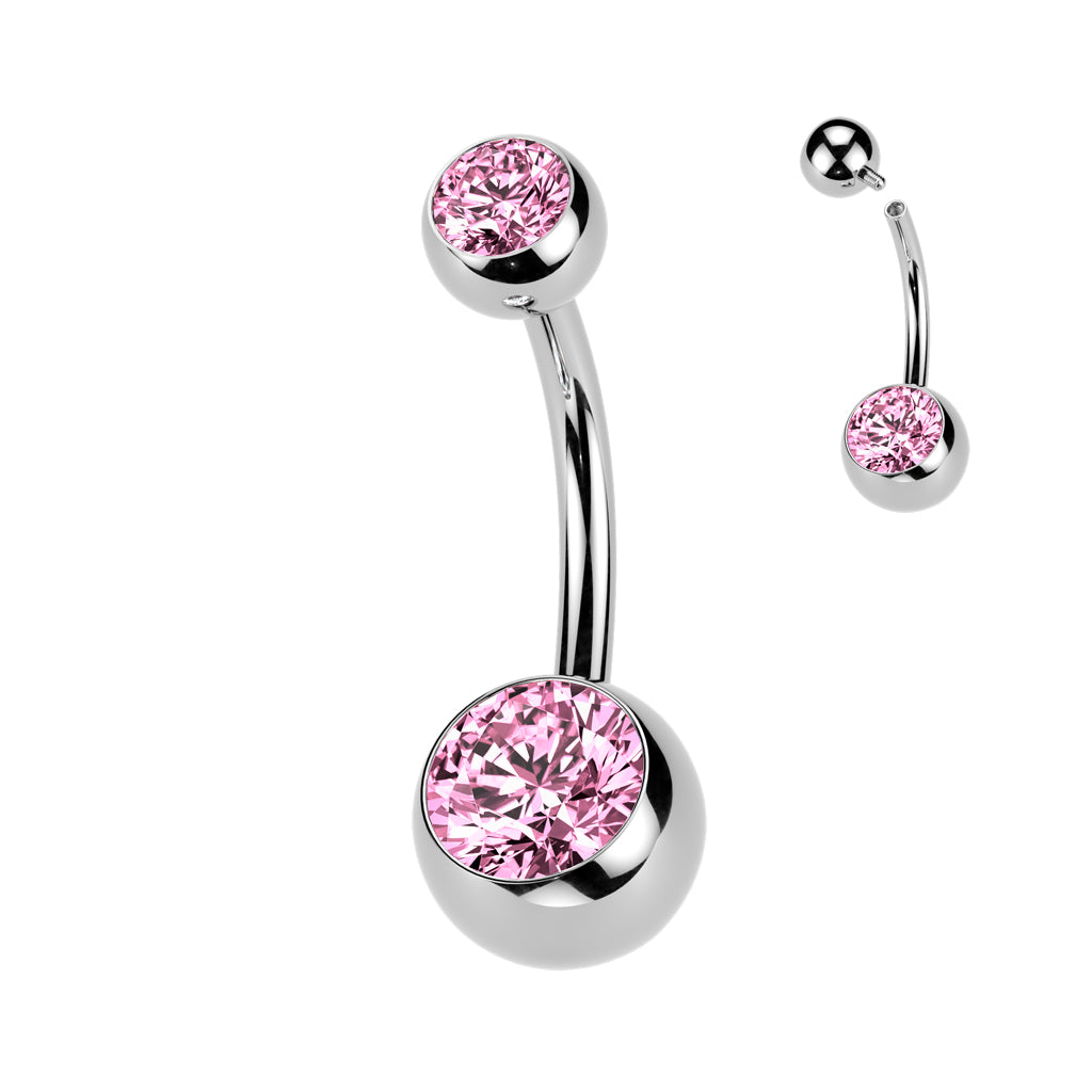 Cherry Diva Belly Bar Pink 14 Gauge Internally Threaded Titanium Double Crystal Belly Bar