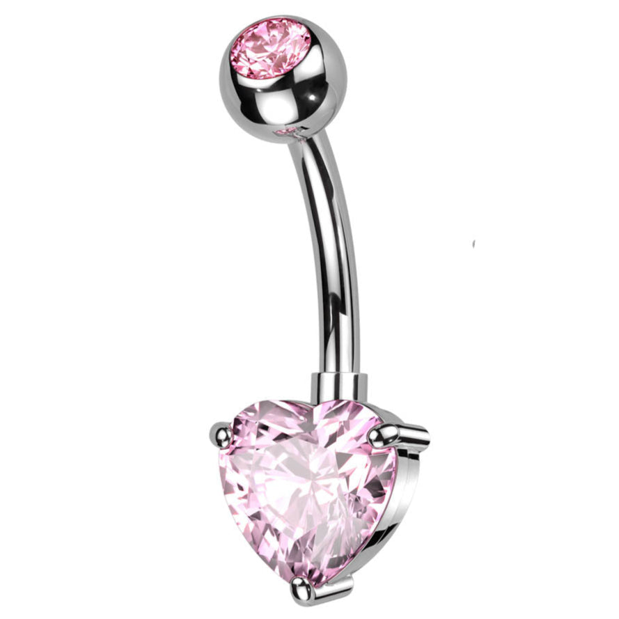 Cherry Diva belly bar Pink 14 Gauge Titanium Prong Set Crystal Heart Belly Button Bar