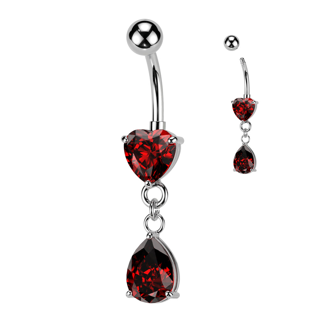 Cherry Diva belly bar Red 14 Gauge Dangling Silver Heart & Teardrop Belly Bar