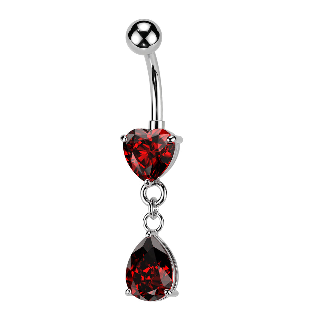 Cherry Diva belly bar Red 14 Gauge Dangling Silver Heart & Teardrop Belly Bar