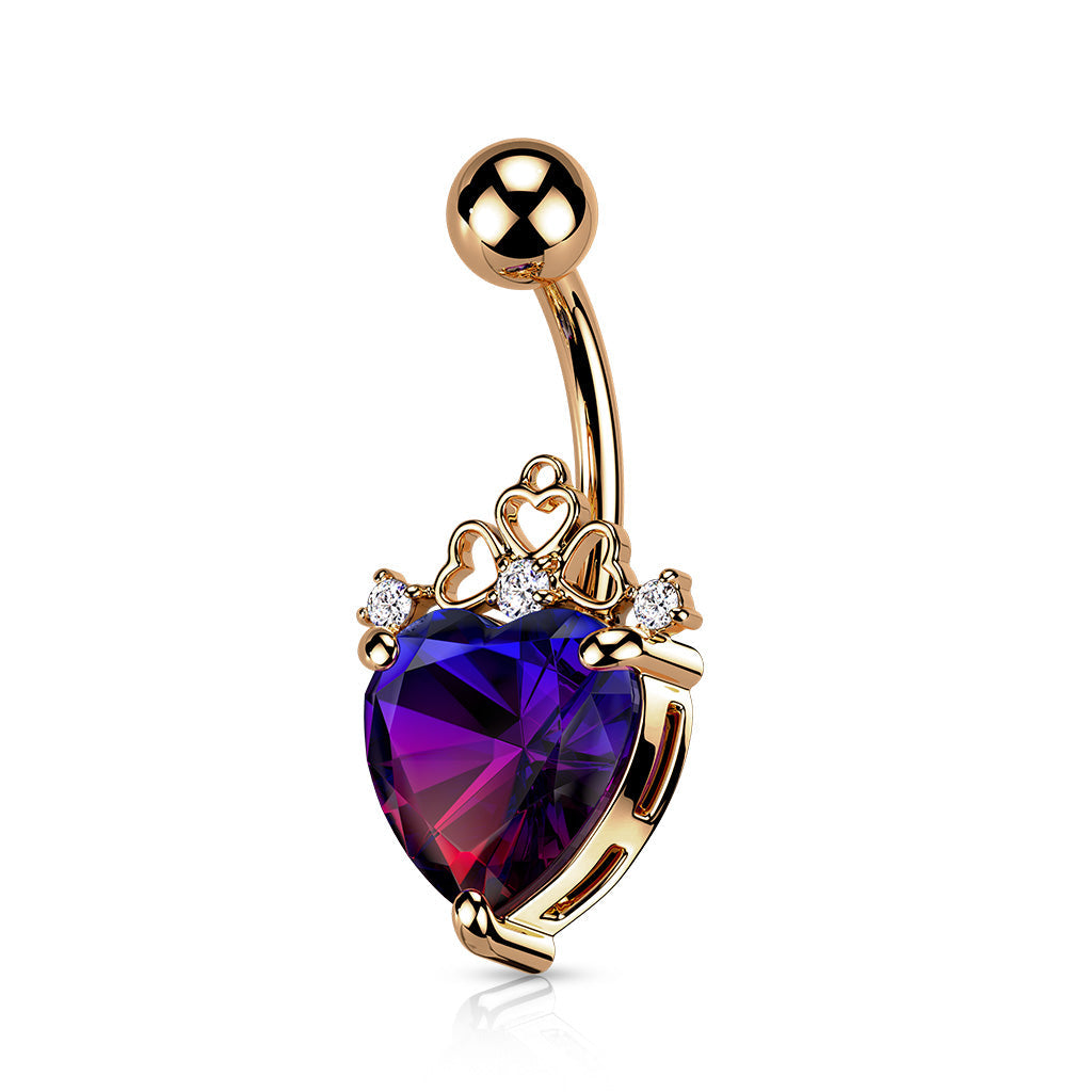 Cherry Diva Belly Bar Rose gold 14 Gauge Filigree Crystal Heart Belly Button Bar