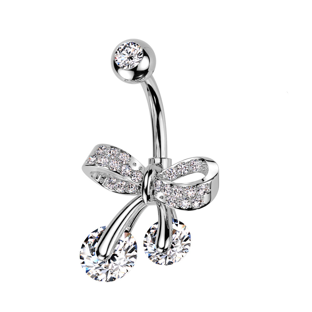 Cherry Diva belly bar Silver 14 Crystal Bow Belly Button Bar
