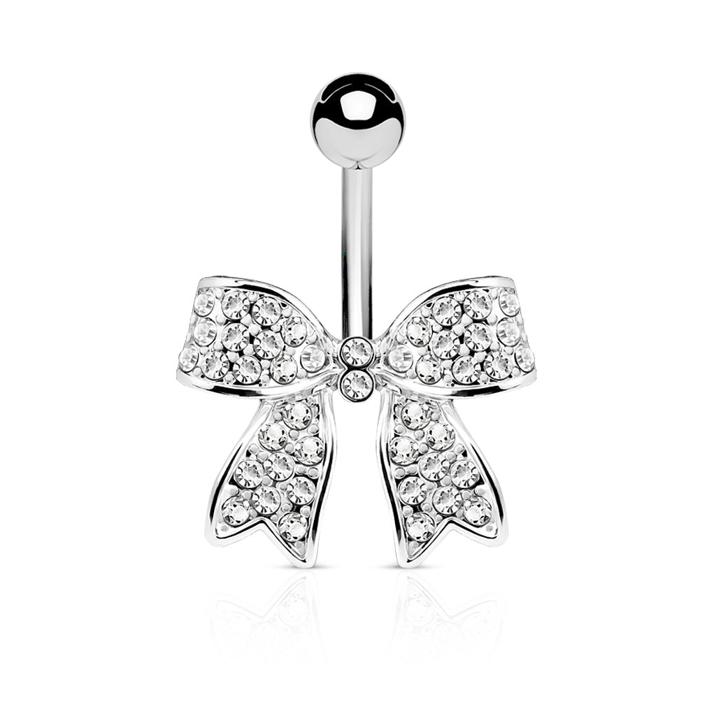 Cherry Diva Belly Bar Silver 14 Gauge Crystal Paved Bow Belly Button Bar
