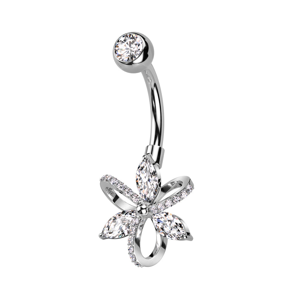 Cherry Diva Belly Bar Silver 14 Gauge Crystal Three Petal Flower Belly Bar