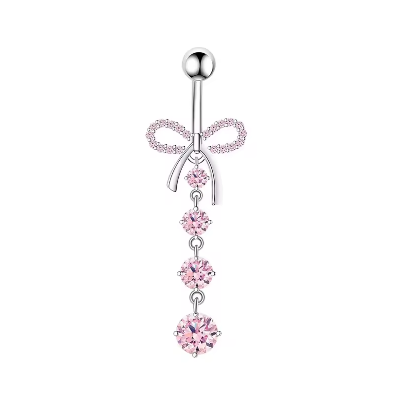 Cherry Diva Belly Bar Silver 14 Gauge Dangling Crystal Bow Belly Button Bar
