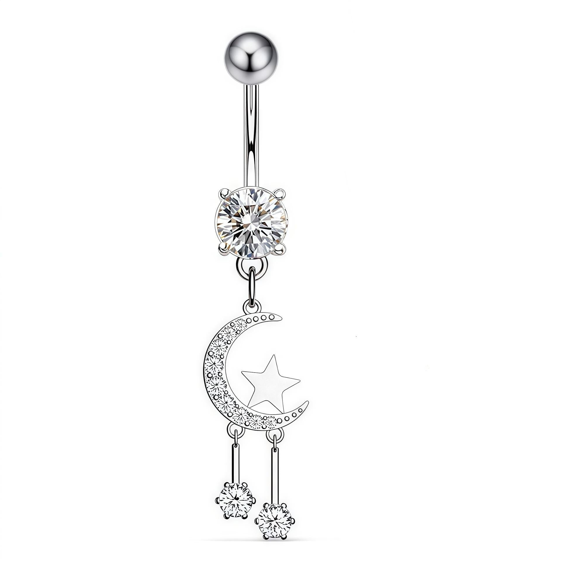 Cherry Diva Belly Bar Silver 14 Gauge Dangling Moon & Stars Belly Bar