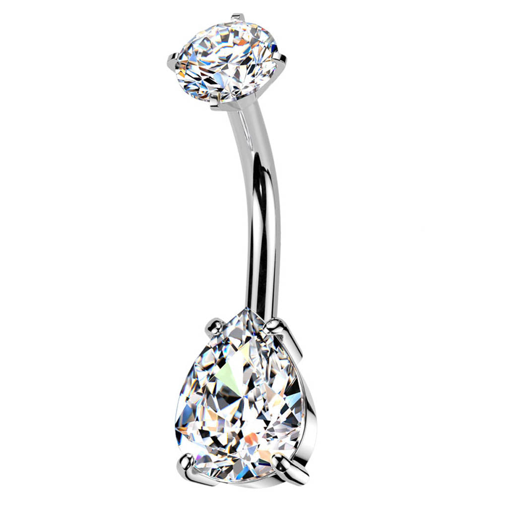 Cherry Diva belly bar Silver 14 Gauge Hypoallergenic Double Crystal Belly Button Bar