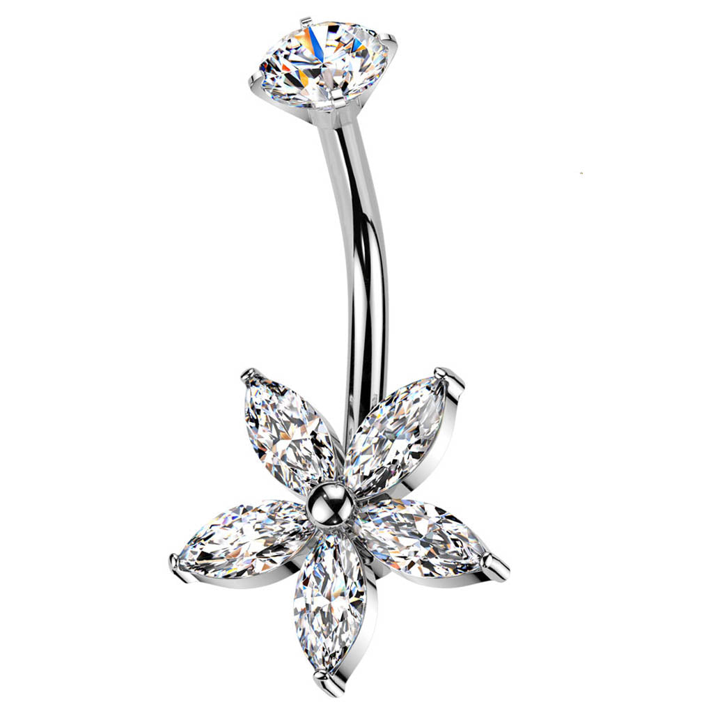 Cherry Diva belly bar Silver 14 Gauge Hypoallergenic Internally Threaded Crystal Flower Belly Bar
