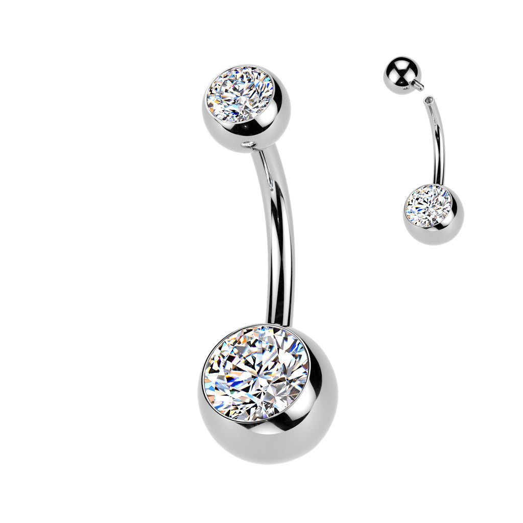 Cherry Diva Belly Bar Silver 14 Gauge Internally Threaded Titanium Double Crystal Belly Bar