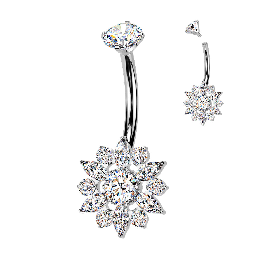 Cherry Diva Belly Bar Silver 14 Gauge Internally Threaded Titanium Flower Belly Button Bar