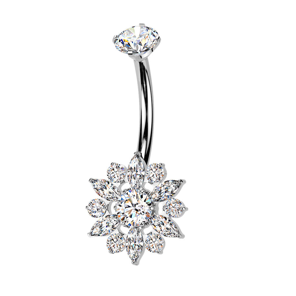 Cherry Diva Belly Bar Silver 14 Gauge Internally Threaded Titanium Flower Belly Button Bar