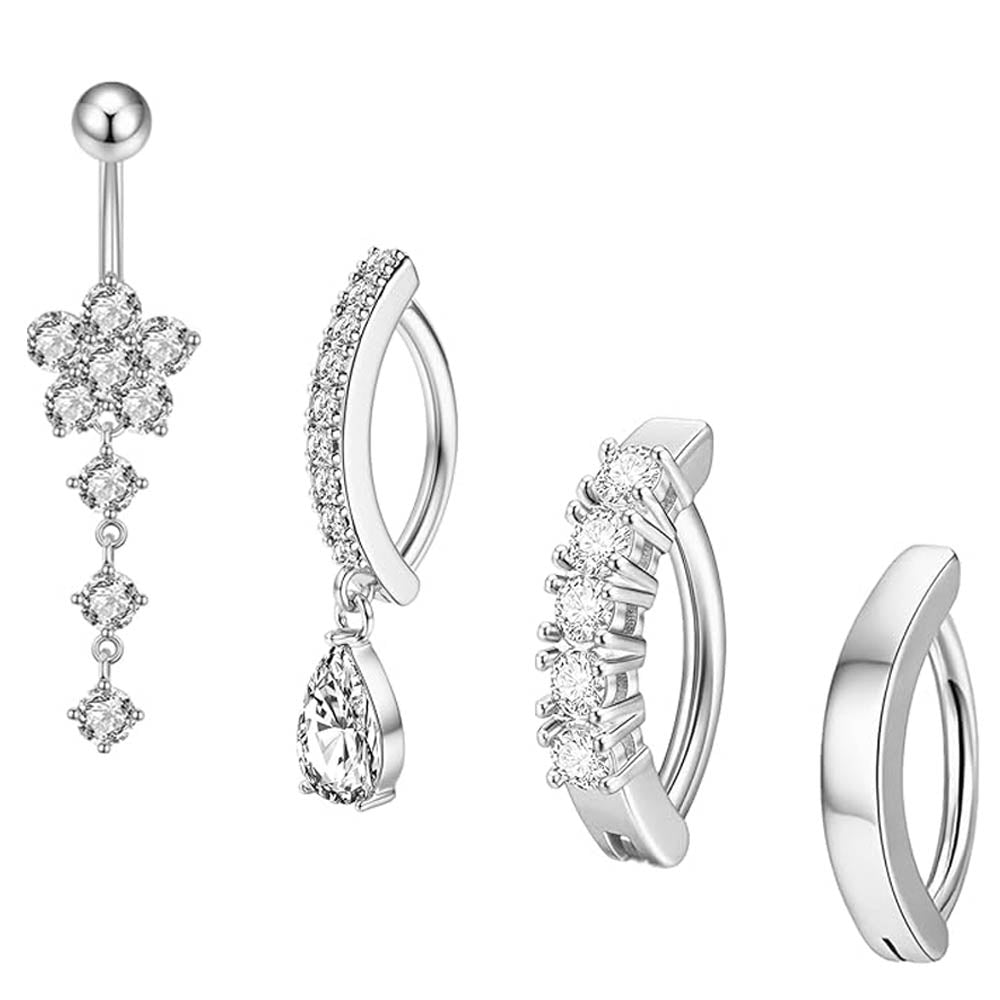 Cherry Diva belly bar Silver Multi Pack Of 4 Dangling & Hinged Belly Button Bars