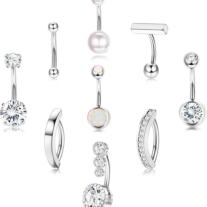 Cherry Diva Belly Bar Silver Multi Pack Of 9 Crystal & Hinged Belly Button Bars