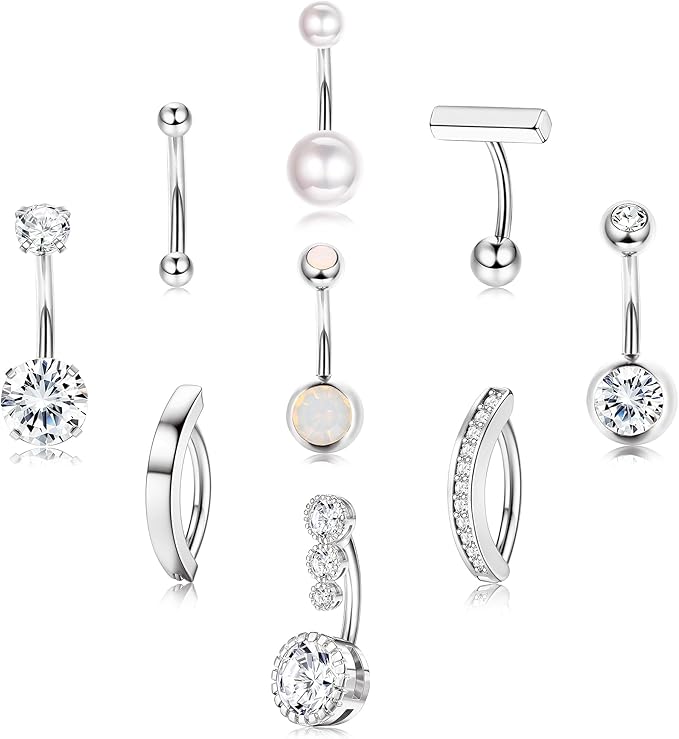 Cherry Diva Belly Bar Silver Multi Pack Of 9 Crystal & Hinged Belly Button Bars