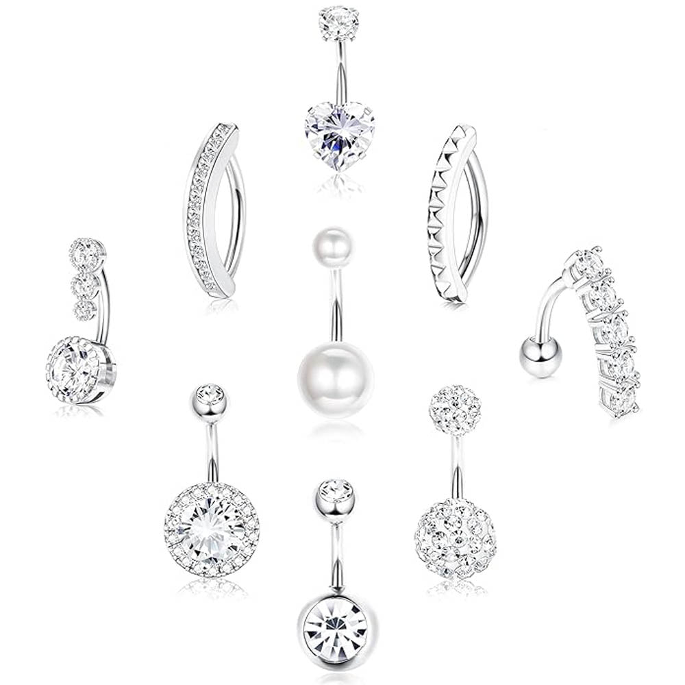 Cherry Diva belly bar Silver Multi Pack Of 9 Dangling & Hinged Belly Button Bars