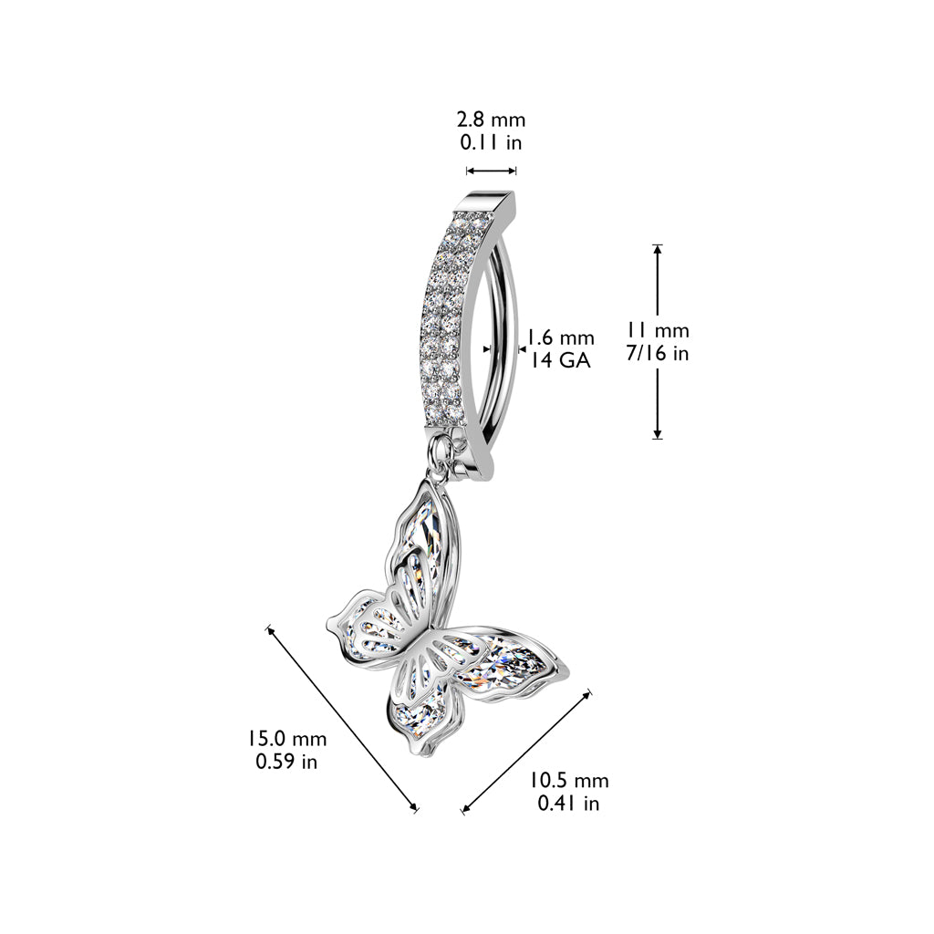 Cherry Diva Belly Button Ring 14 Gauge Hinged Dangling Crystal Butterfly Belly Button Ring