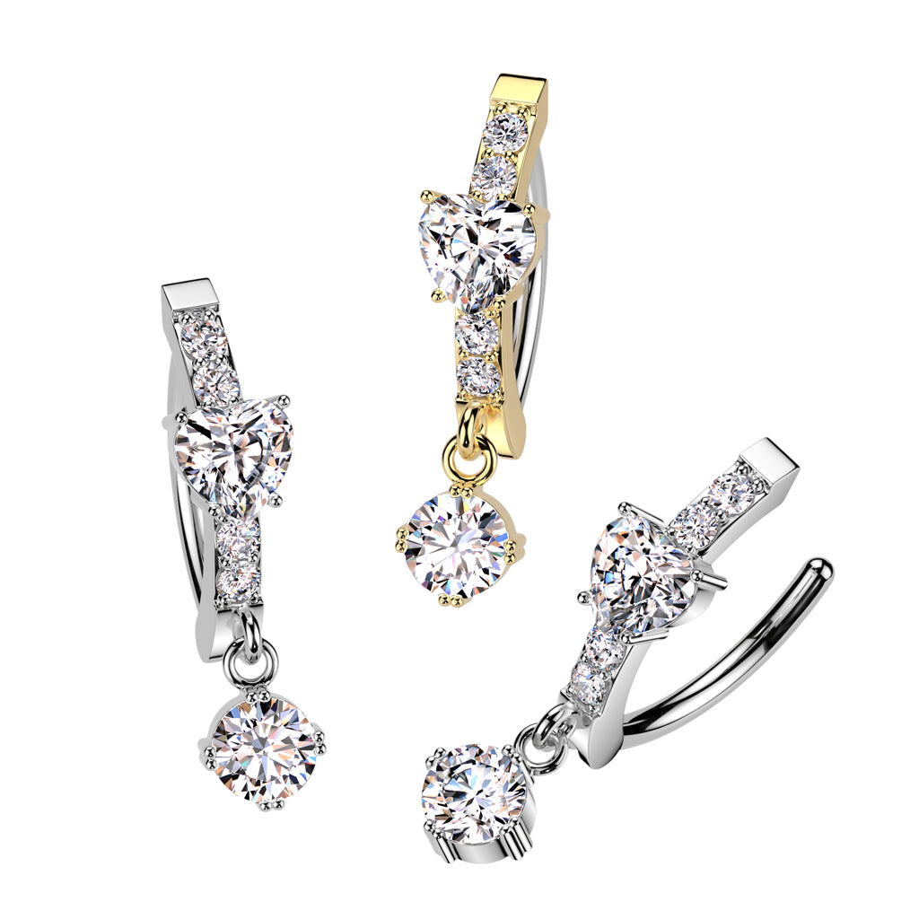 Cherry Diva Belly Button Ring 14 Gauge Surgical Steel Hinged Dangling Crystal Heart Belly Button Ring