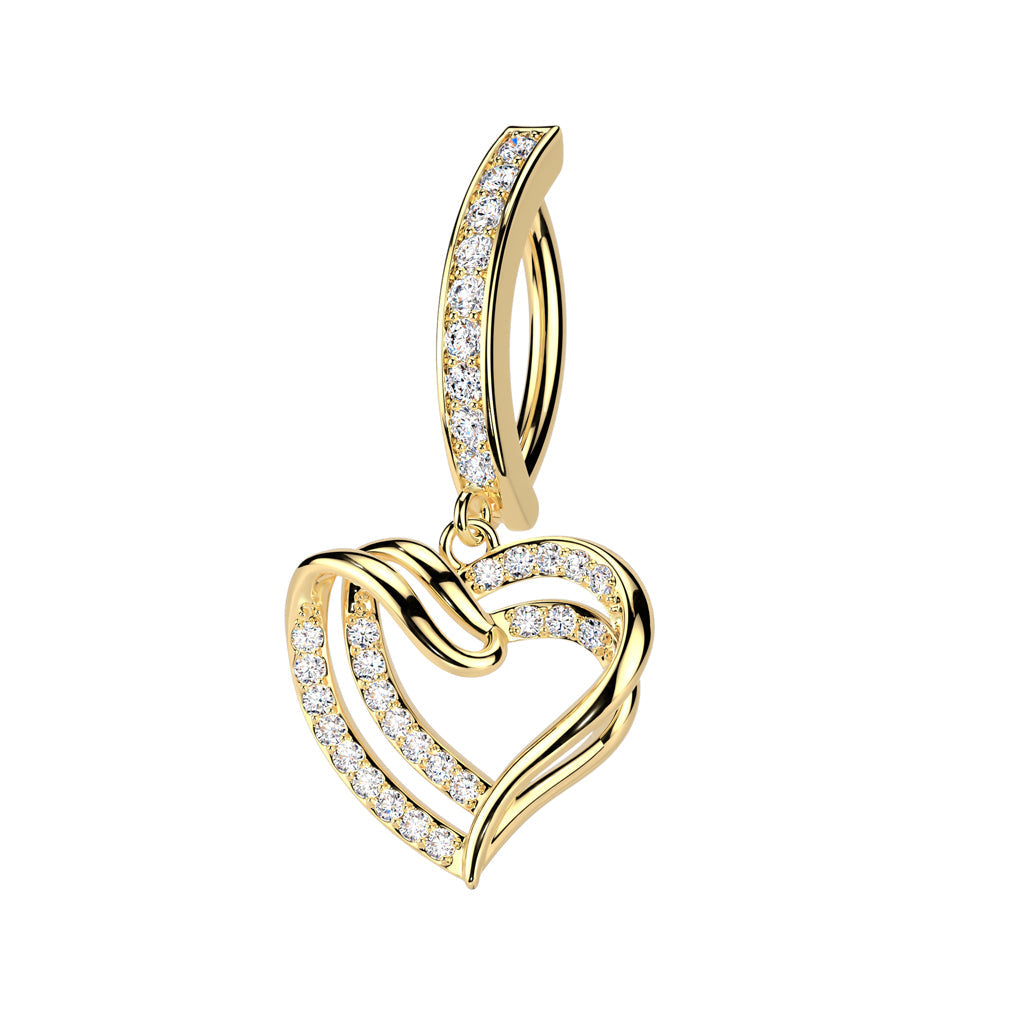 Cherry Diva Belly Button Ring Gold 14 Gauge Hinged Dangling Crystal Heart Belly Button Ring