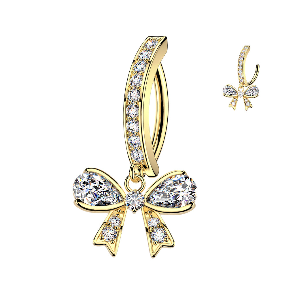 Cherry Diva Belly Button Ring Gold 14 Gauge Surgical Steel Crystal Bow Belly Button Ring