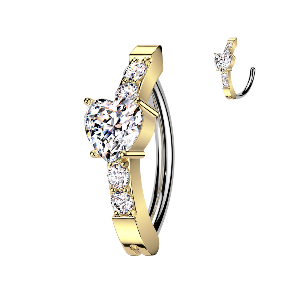 Cherry Diva Belly Button Ring Gold 14 Gauge Surgical Steel Hinged Crystal Lined Heart Belly Button Ring