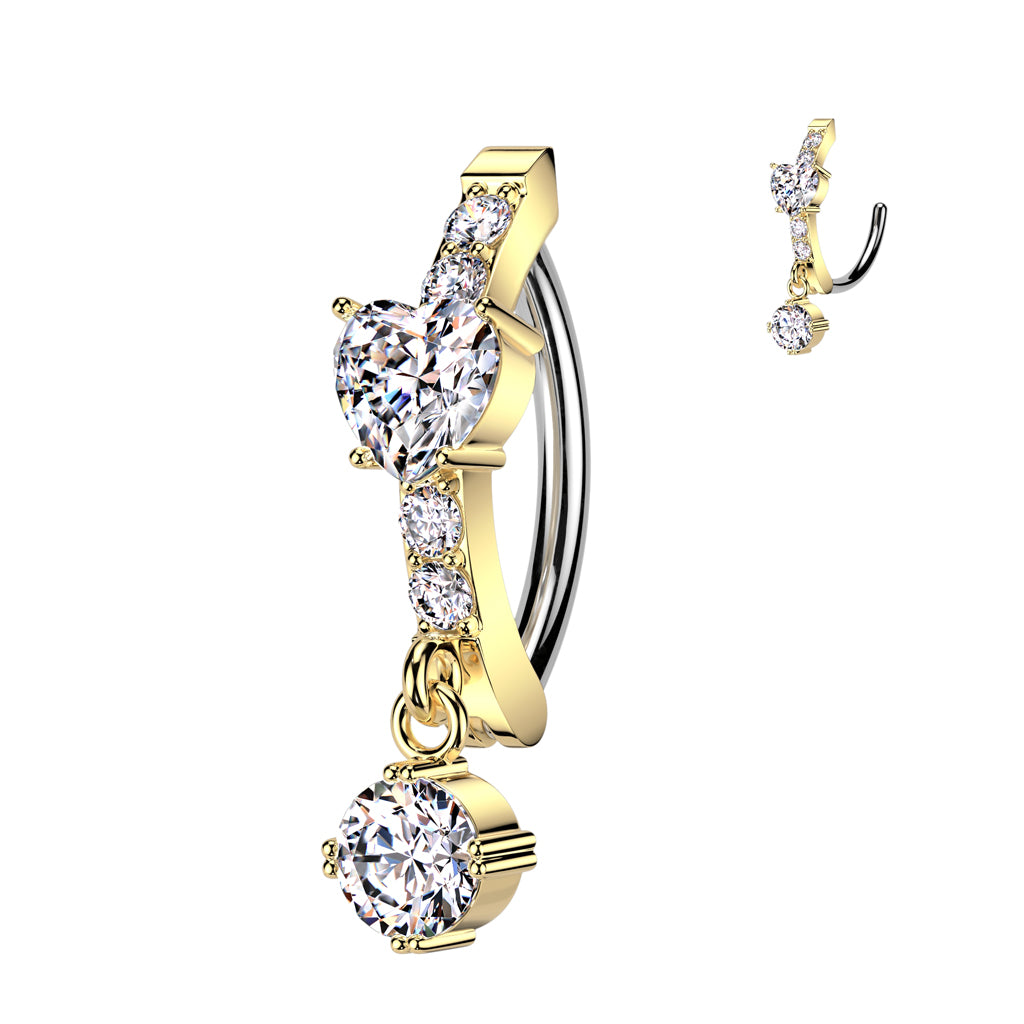 Cherry Diva Belly Button Ring Gold 14 Gauge Surgical Steel Hinged Dangling Crystal Heart Belly Button Ring
