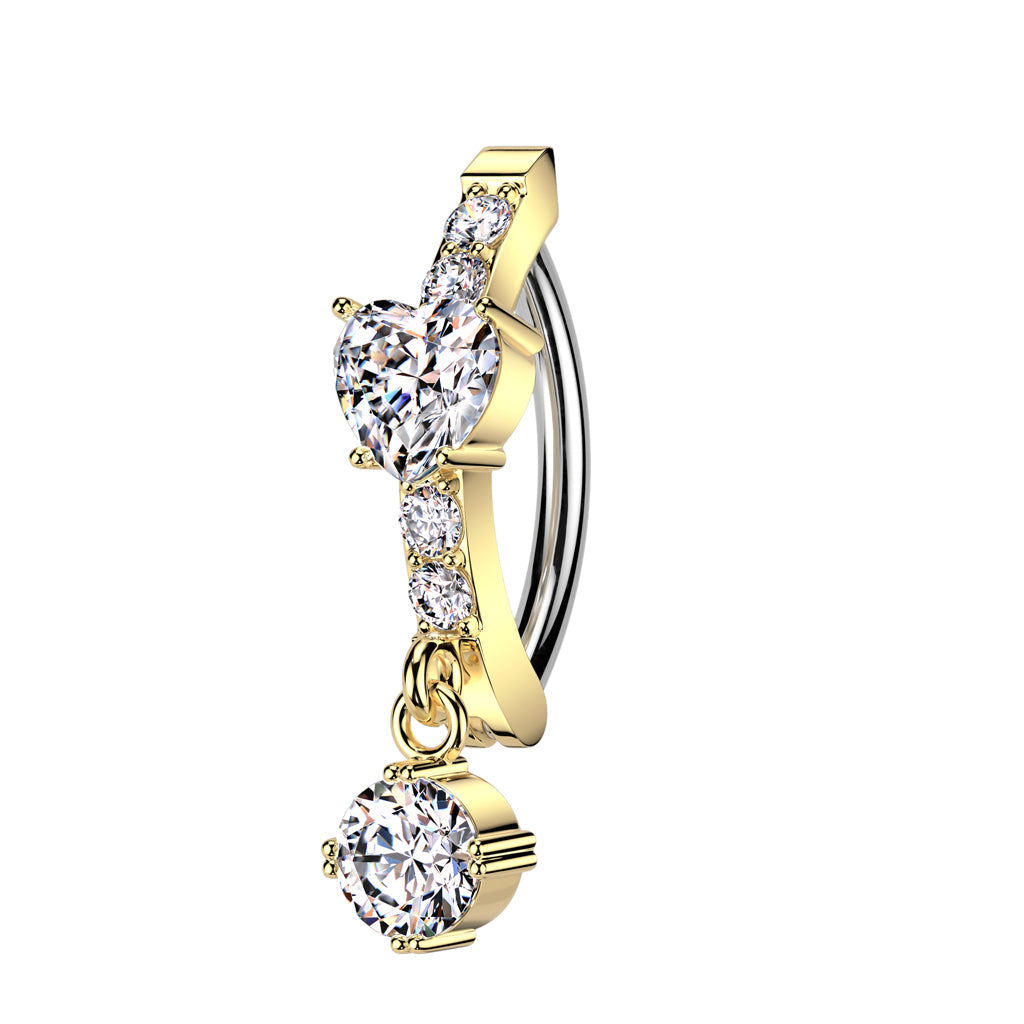 Cherry Diva Belly Button Ring Gold 14 Gauge Surgical Steel Hinged Dangling Crystal Heart Belly Button Ring