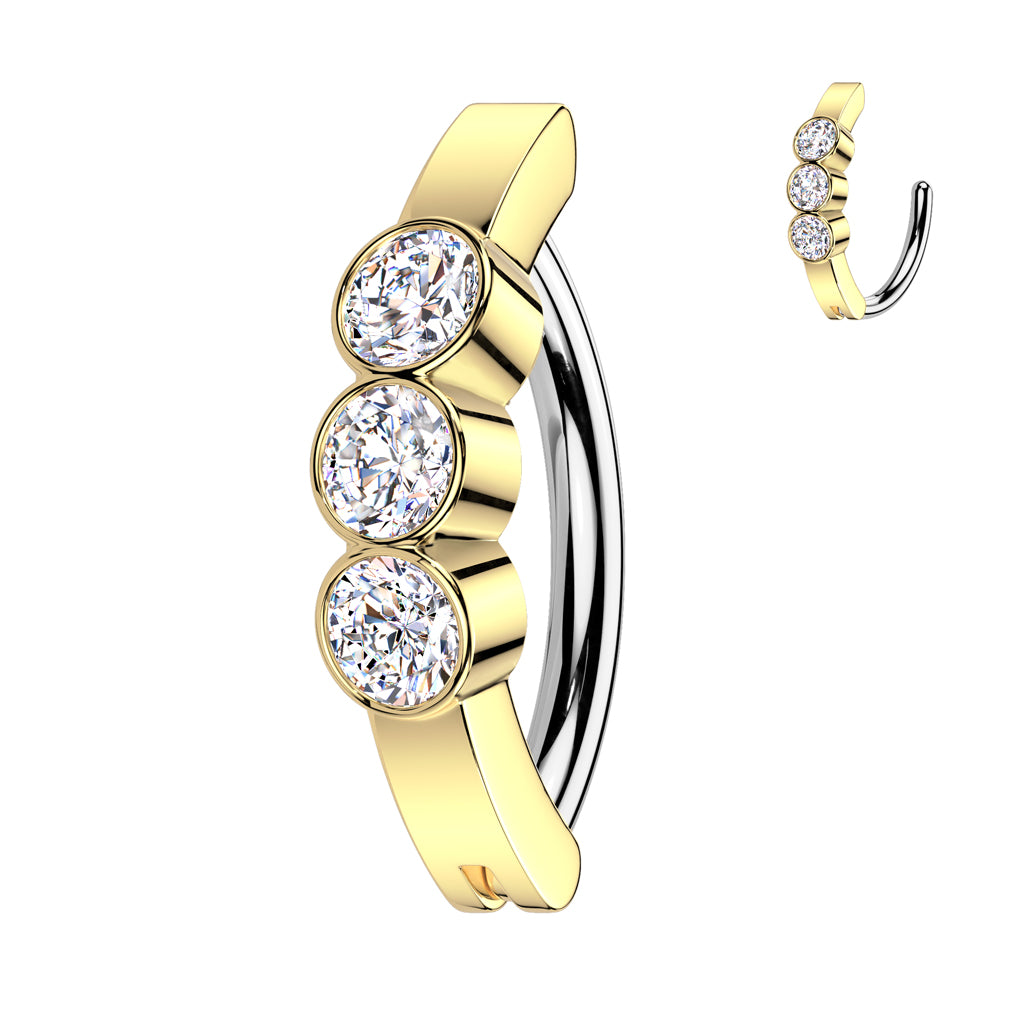 Cherry Diva Belly Button Ring Gold 14 Gauge Surgical Steel Hinged Triple Crystal Belly Button Ring