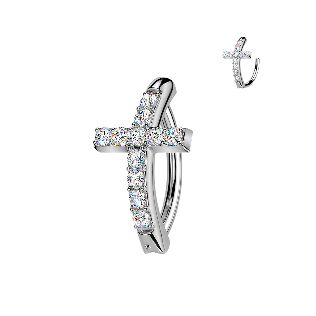 Cherry Diva Belly Button Ring Silver 14 Gauge Hinged Crystal Cross Belly Button Ring