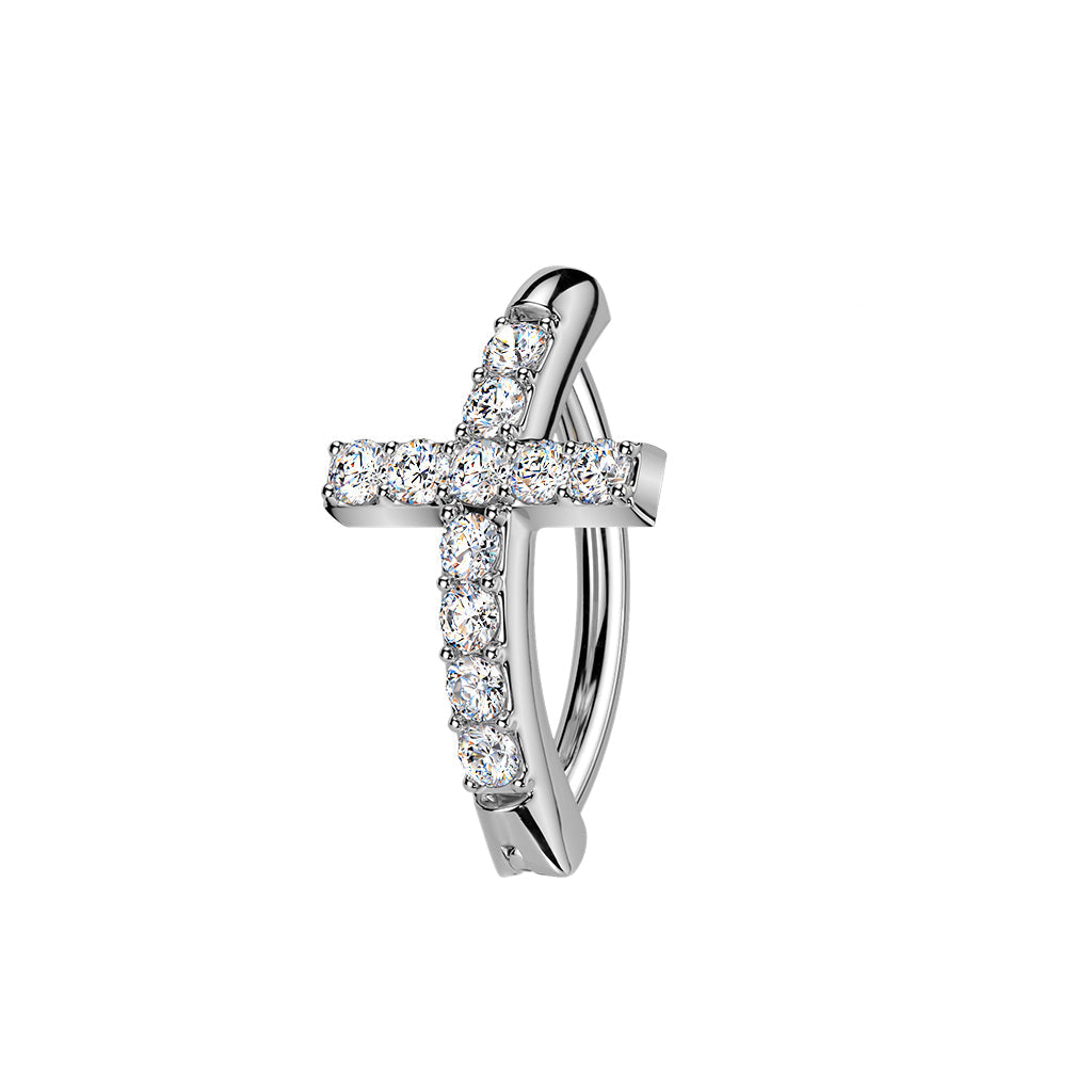 Cherry Diva Belly Button Ring Silver 14 Gauge Hinged Crystal Cross Belly Button Ring