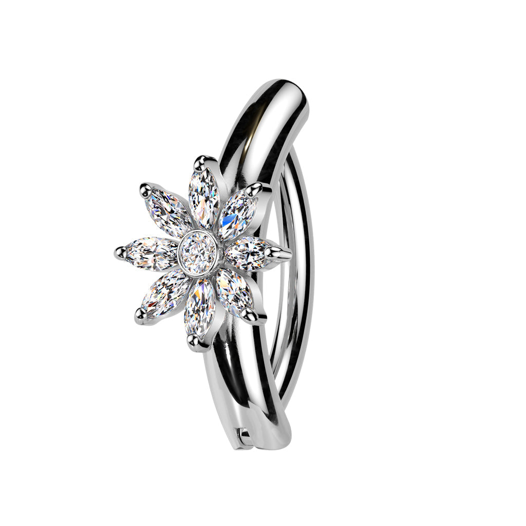 Cherry Diva Belly Button Ring Silver 14 Gauge Hinged Crystal Flower Belly Button Ring