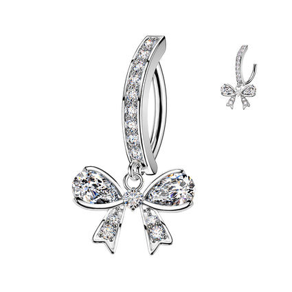 Cherry Diva Belly Button Ring Silver 14 Gauge Surgical Steel Crystal Bow Belly Button Ring