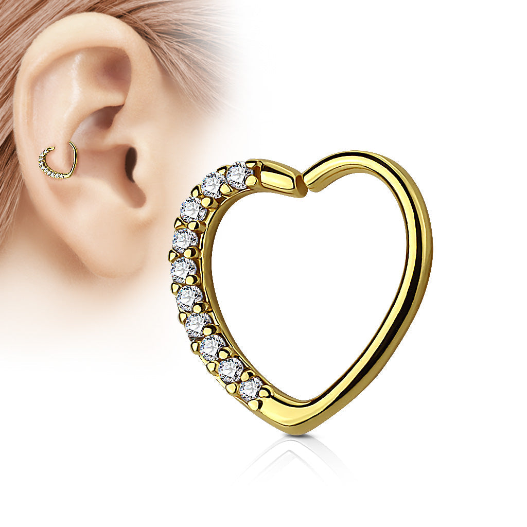 16 Gauge Golden Heart With Clear Crystal Trim Cartilage / Daith Hoop