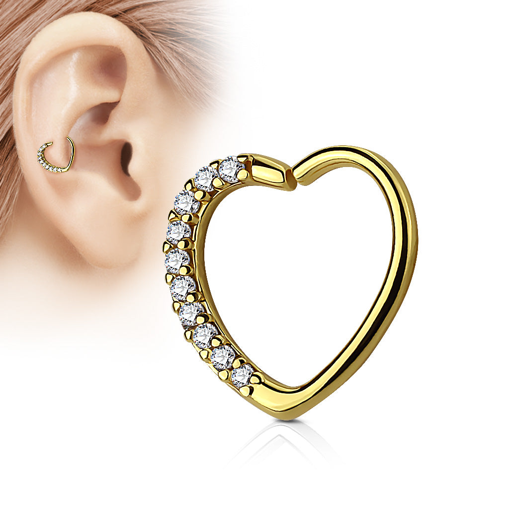 Cherry Diva Daith Hoop Right Ear / Gold 16 Gauge Crystal Heart Cartilage / Daith Hoop