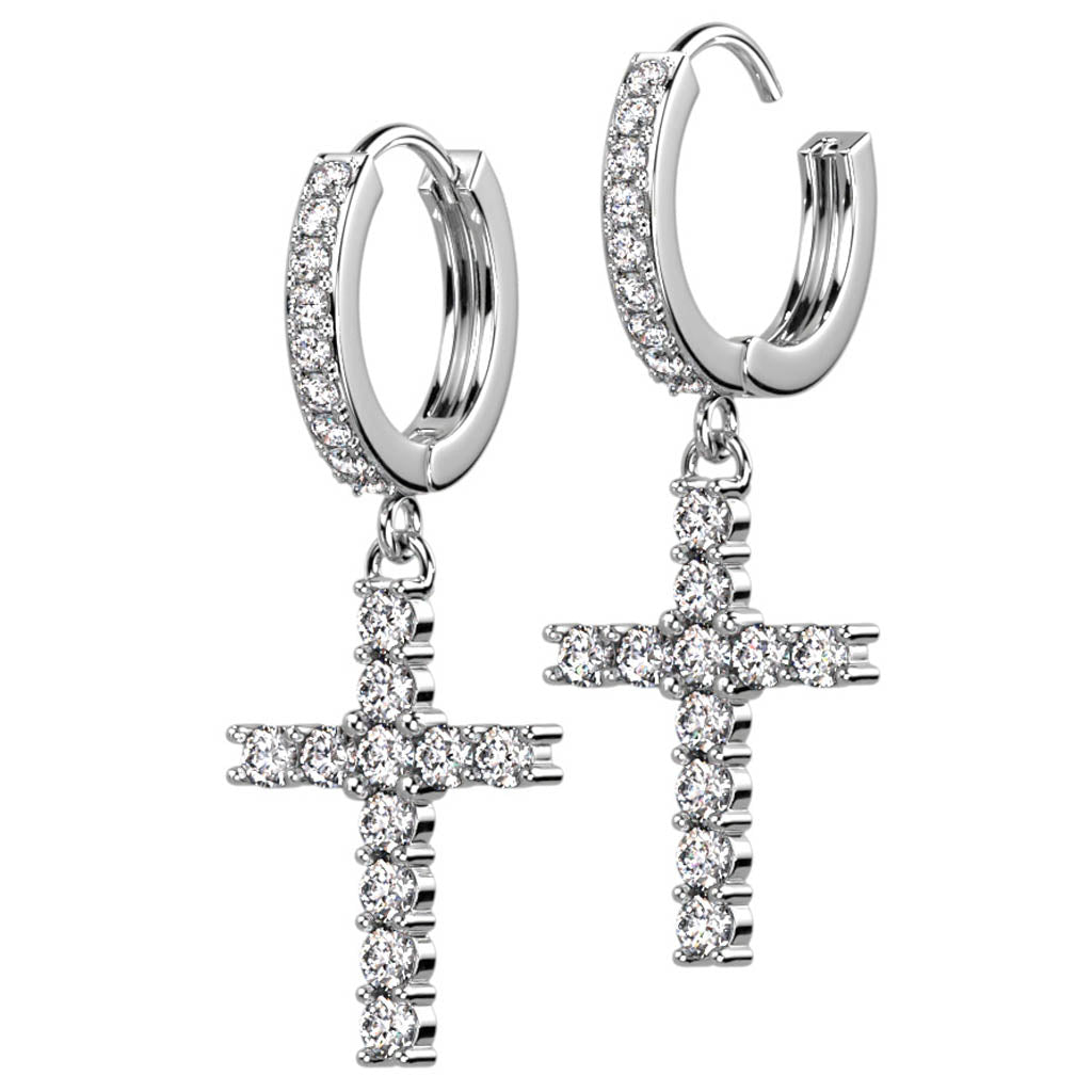 Cherry Diva Earrings 18 Gauge Dangling Crystal Cross Hoop Earrings