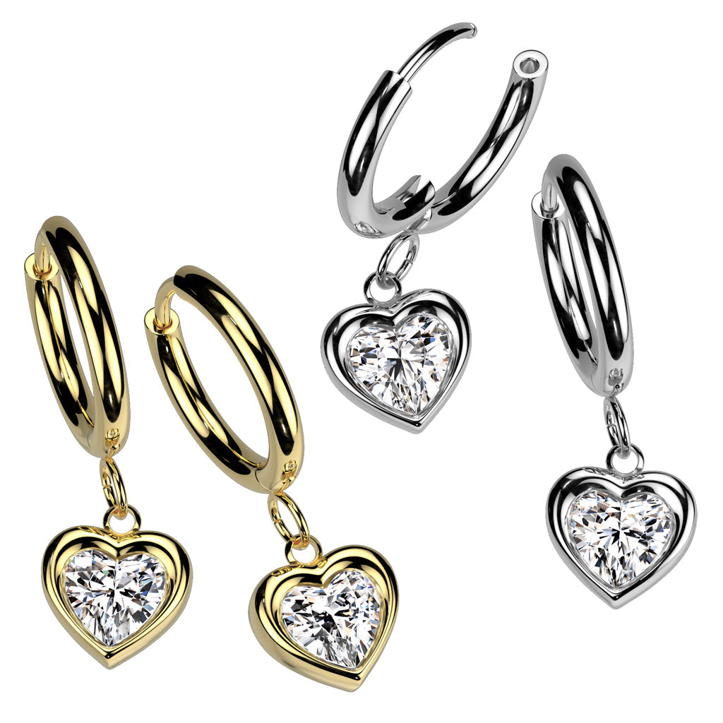 Cherry Diva Earrings 18 Gauge Hypoallergenic Dangling Crystal Heart Hoop Earrings