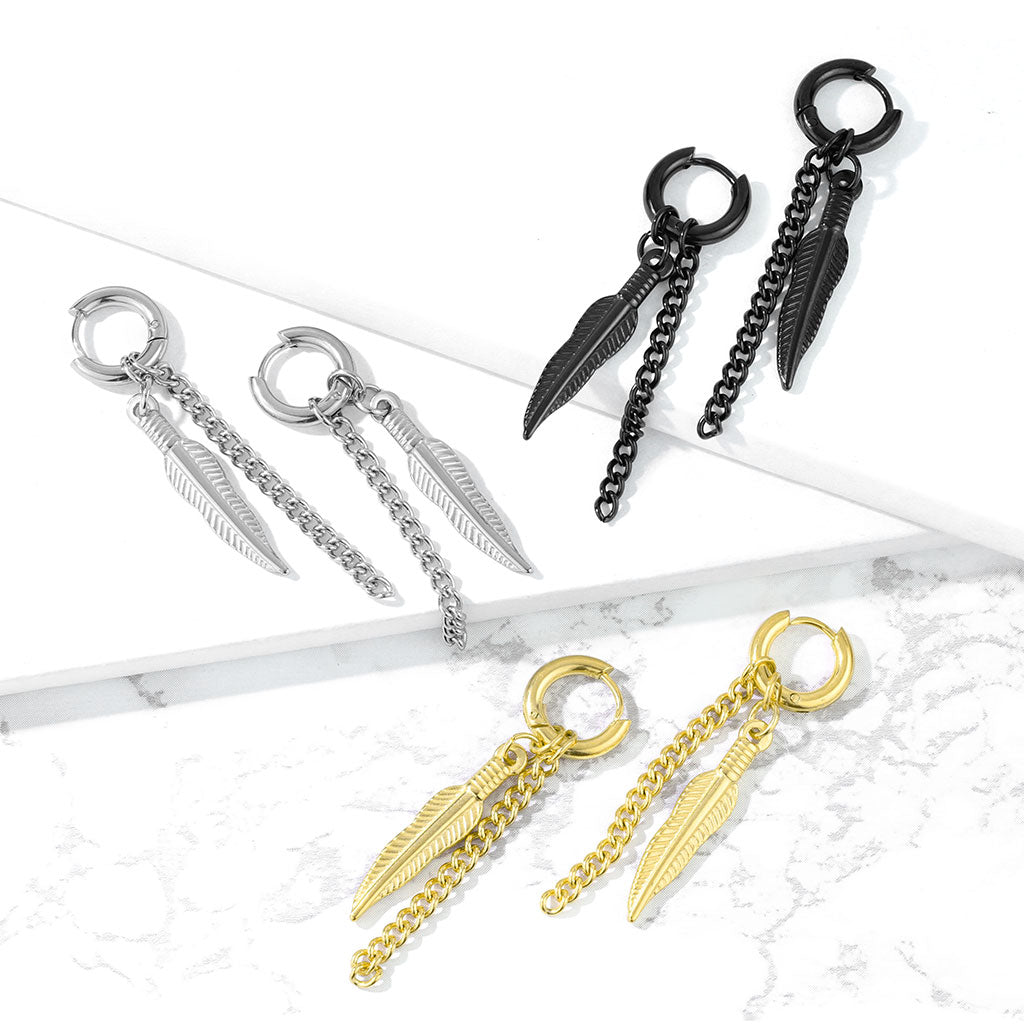 Cherry Diva Earrings 18 Gauge Tribal Feather Clicker Hoop Earrings - Silver