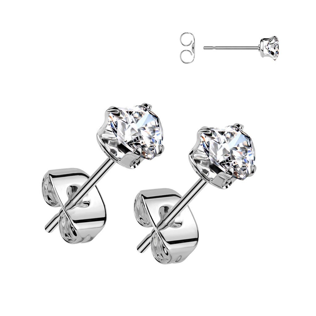 Cherry Diva Earrings 20 Gauge Crystal Heart Stainless Steel Stud Earrings - Silver