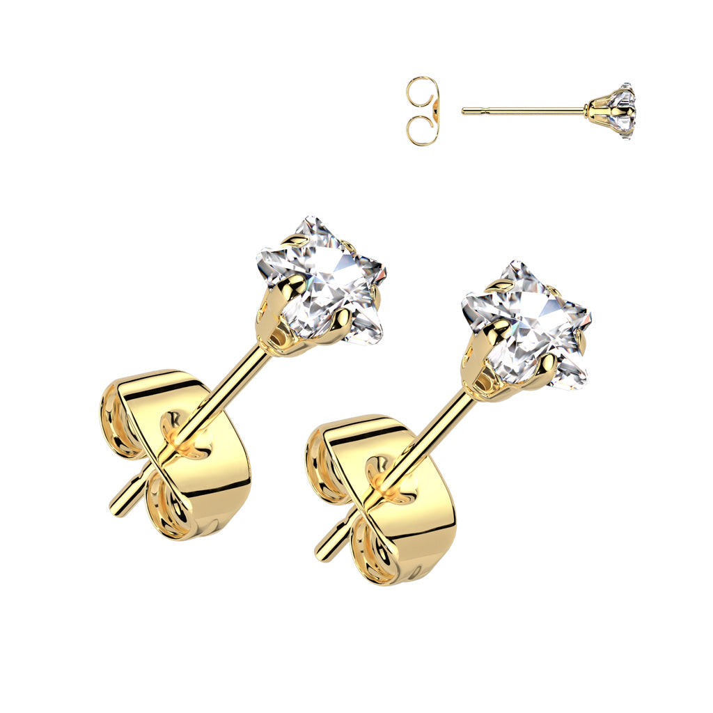 20 Gauge Crystal Star Stainless Steel Stud Earrings - Gold
