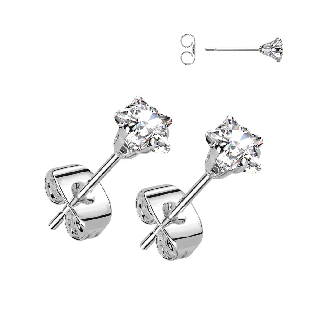 Cherry Diva Earrings 20 Gauge Crystal Star Stainless Steel Stud Earrings - Silver