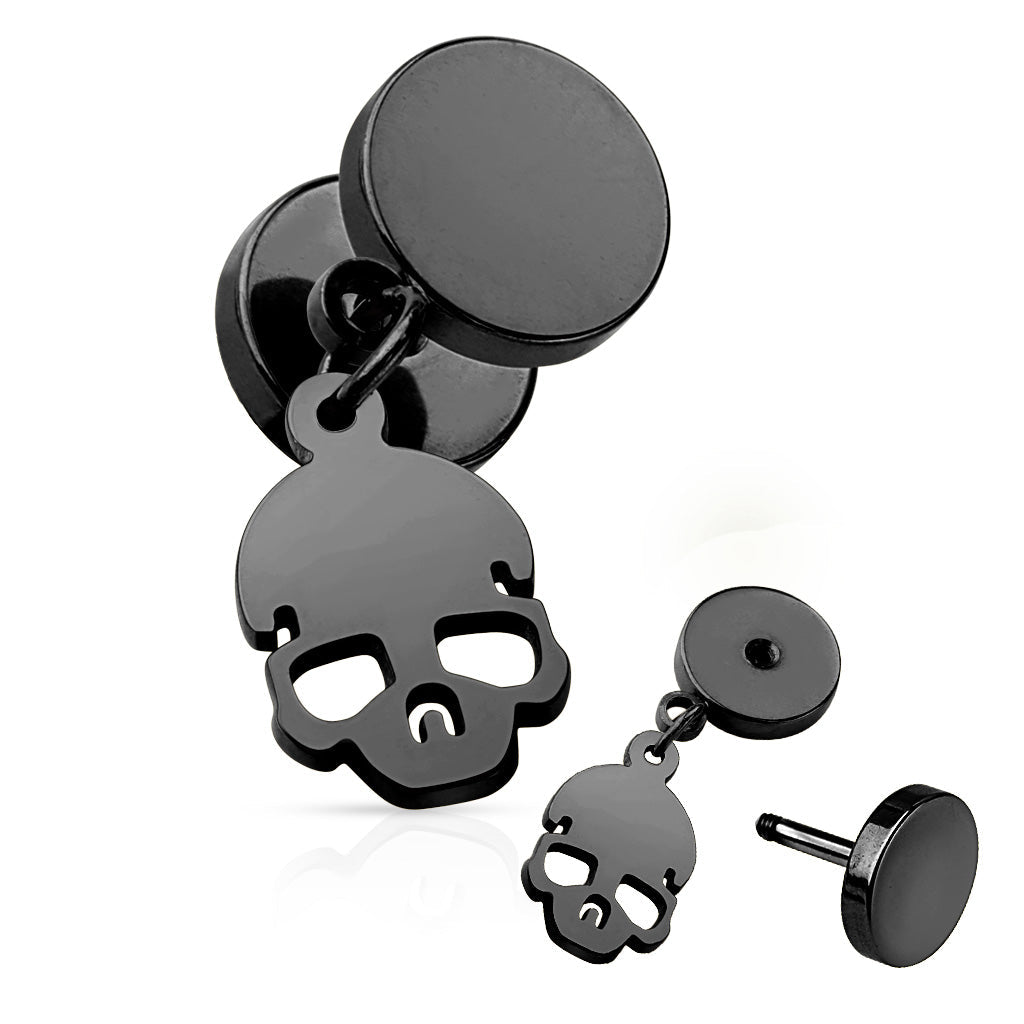 Cherry Diva Earrings Dangling Black Skull Faux Plug Earring