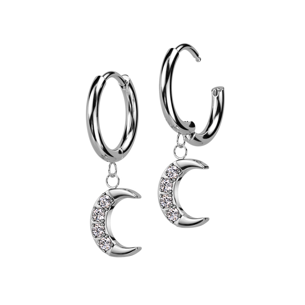 Cherry Diva Earrings Silver Dangling Crystal Moon Hinged Hoop Earrings