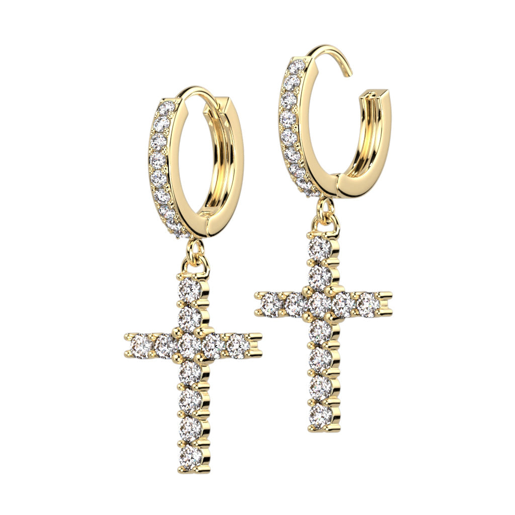 Cherry Diva Earrings Gold 18 Gauge Dangling Crystal Cross Hoop Earrings