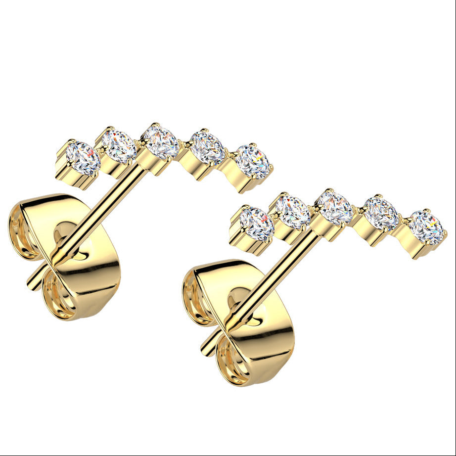 Cherry Diva Earrings Gold 20 Gauge Hypoallergenic Stainless Steel Crystal Row Stud Earrings