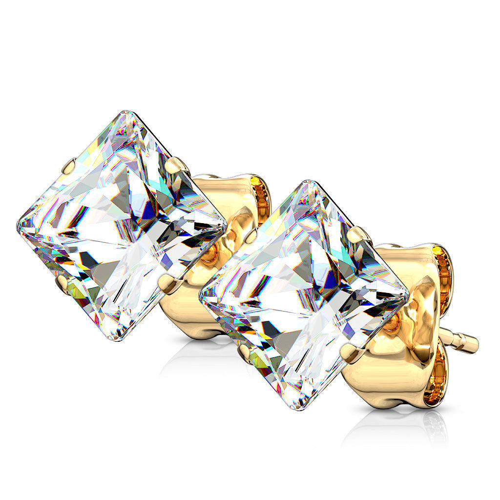 Cherry Diva Earrings Gold 20 Gauge Hypoallergenic Stainless Steel Crystal Square Stud Earrings