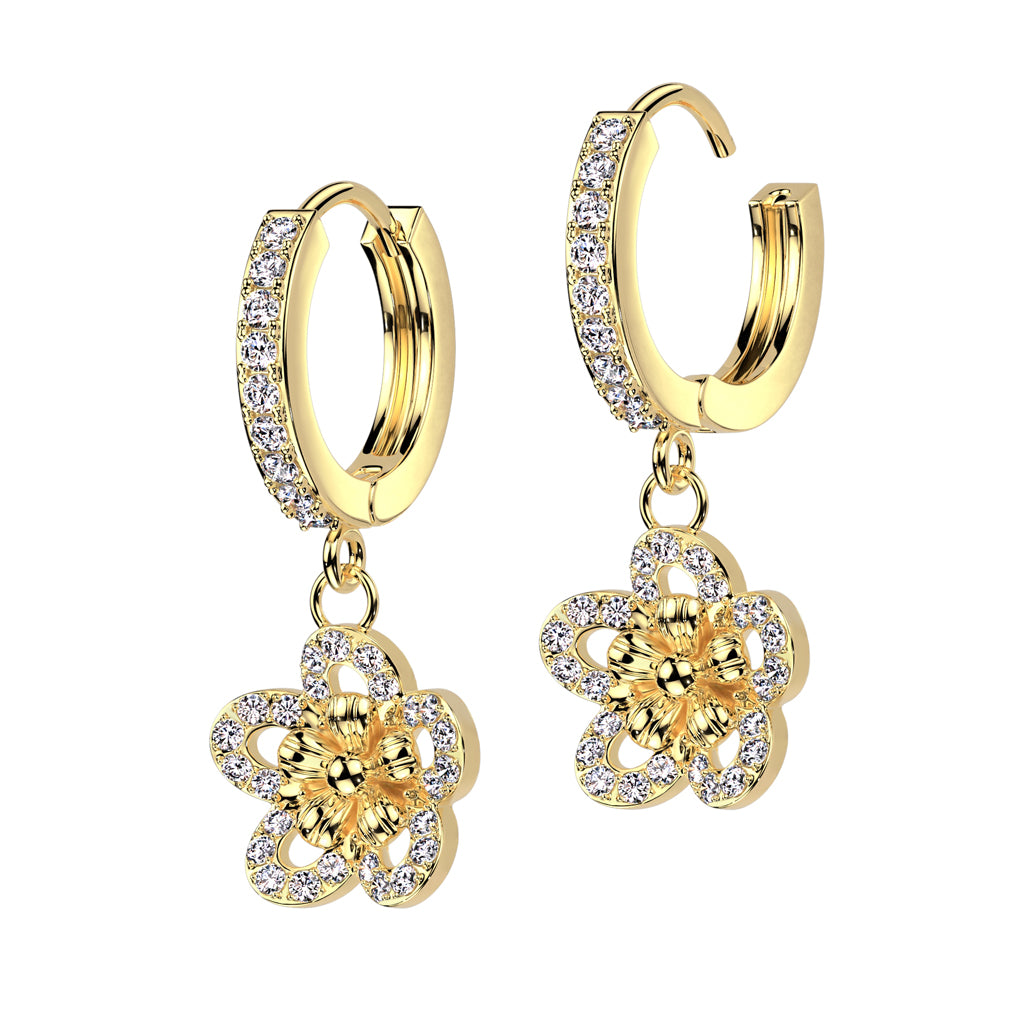 Cherry Diva Earrings Gold Dangling Crystal Flower Huggie Hoop Earrings