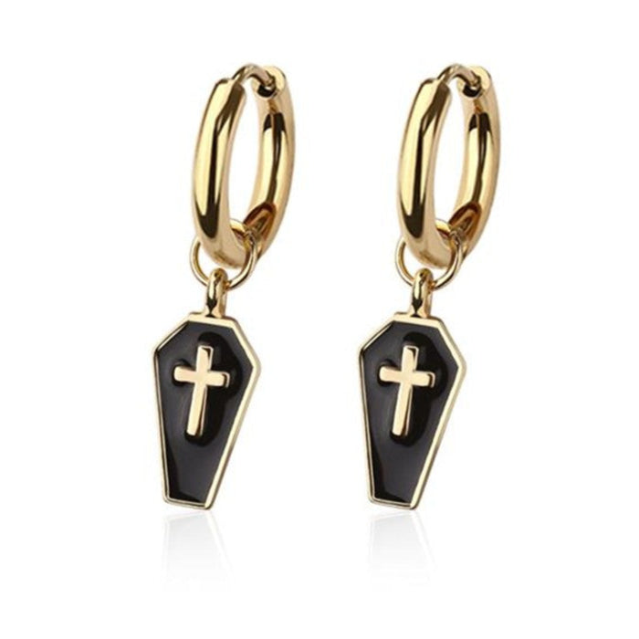 Cherry Diva Earrings Gold Hypoallergenic Dangling Coffin Huggie Hoop Earrings