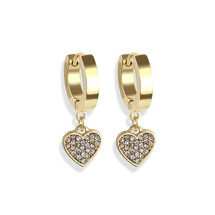 Cherry Diva Earrings Gold Hypoallergenic Dangling Crystal Heart Huggie Hoop Earrings