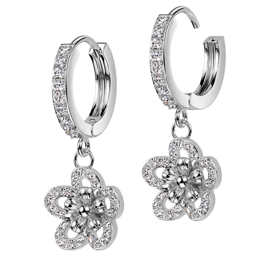 Cherry Diva Earrings Hypoallergenic Dangling Crystal Lined Flower Huggie Hoop Earrings